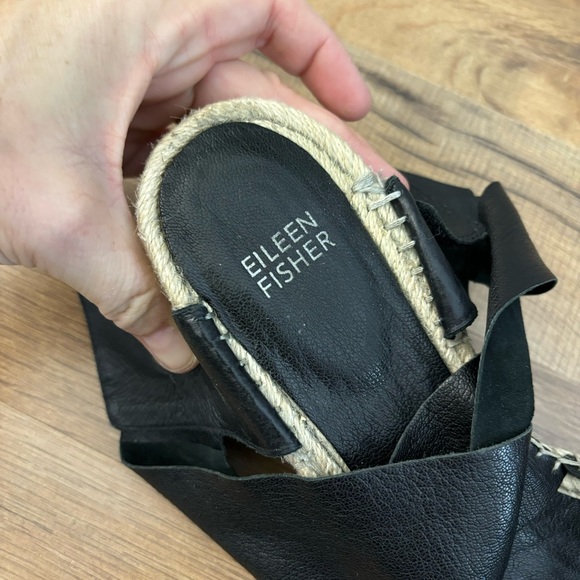 Eileen Fisher Black Leather Willow Espadrille Wedge Sandal Women’s - Picture 3 of 11